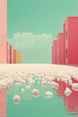 Fototapete - Surreal Climate Crisis Visualization Pastel Urban Landscape with Floating Hailstones - Minimalist Environmental Storytelling for Emerging Creative Campaigns
