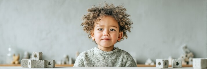 Aufkleber - Soft Minimalist Early Learning Gen Z Inspired Cognitive Development Showcase with Curly-Haired Toddler Exploring Neutral-Toned Educational Play Space