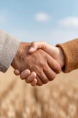 Poster - Sustainable AgTech Collaboration Intergenerational Handshake in Golden Wheat Field - Innovative Rural Entrepreneurship and Digital Farming Partnership