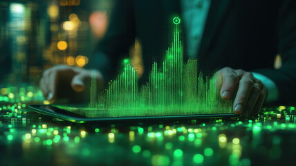 Wall Mural - businessman on an office desk viewing a tablet with green growth bar graph and net-zero emissions ic