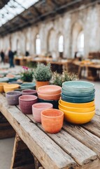 Aufkleber - Urban Artisan Revival Vibrant Ceramic Handcrafted Pottery Collection Showcasing Post-Industrial Craft Culture in Reclaimed Manufacturing Space
