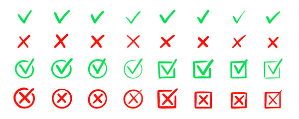 Poster - Check tick mark icon set. Cross box x check mark checkbox v list vector draw hand drawn sketch doodle brush marker checklist symbol wrong right circle. Vector Illustration