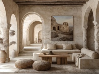 Poster - Interior design of a living room with arches columns and a painting in a warm neutral color palette architectural style