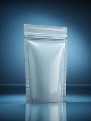 Poster - Silver stand up pouch mockup on blue gradient background studio shot for food product packaging design