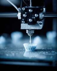 Aufkleber - 3D printer creating intricate blue object close up shot of nozzle and platform in industrial setting