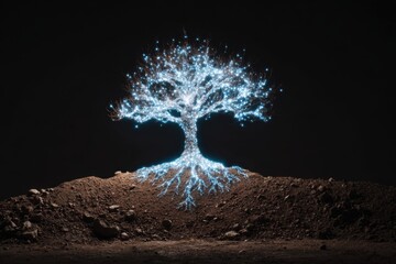 Poster - Glowing Tree on Hill at Night Digital Art Concept of Growth and Connection Illuminated Roots and Branches