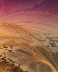 Poster - Airplanes flying over the world with trails of light aerial view of global transportation network concept