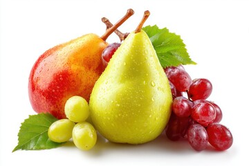 Aufkleber - Fresh pears and grapes still life close up on white background studio shot light and bright healthy eating concept