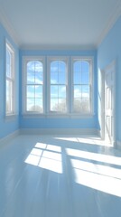 Poster - Empty room interior with blue walls and white trim and sunlight streaming in from windows, architectural shot, home