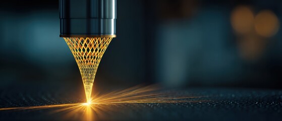 Poster - Industrial Laser Cutting Machine Engraving Metal Sheet Close Up Abstract View Precision Manufacturing Technology
