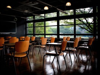 Poster - Empty classroom interior with chairs and desks in rows near window view of trees and buildings; low angle perspective in school