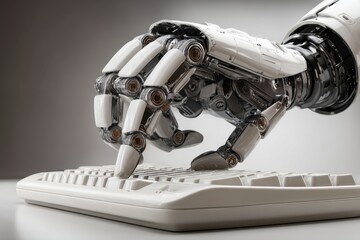 Leinwandbilder - Robot hand typing on keyboard close up studio shot artificial intelligence concept future technology robotic arm automation