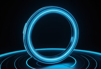 Wall Mural - Close-up of a blue neon light ring on a black surface