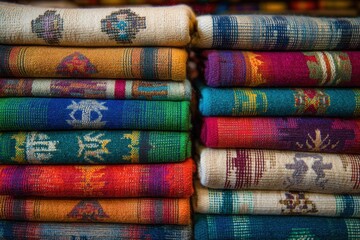 Fototapete - Stacked colorful woven blankets with geometric patterns close up shot textile art handmade craft market display
