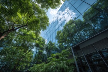 Poster - Low Angle View of Modern Glass Building Reflecting Green Trees and Blue Sky in Urban Environment