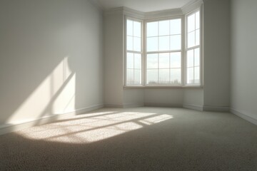 Poster - Empty room interior with bay window and sunlight casting shadows on the carpet floor in a house or apartment setting