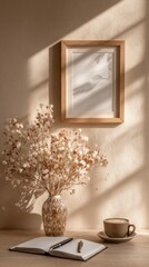 Poster - Cozy home office setup with blank frame mockup, dried flowers, notebook, pen, and cappuccino in warm light