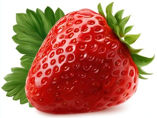 Aufkleber - Single ripe strawberry close up studio shot on white background with green leaves and seeds healthy food
