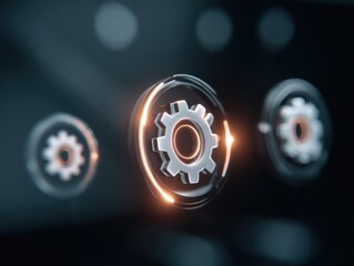 Poster - Gears in motion abstract concept with glowing accents close up studio shot for engineering technology and innovation