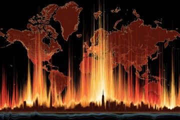 Leinwandbilder - Global Connectivity Visualization Graphic of World Map and City Skyline with Data Streams in Warm Colors