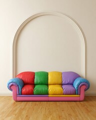 Poster - Colorful patchwork sofa sitting against a neutral wall with archway in a minimalist interior design style studio shot