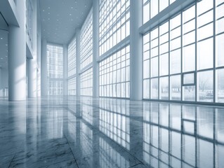 Poster - Empty modern lobby interior with large windows and reflections in marble floor, architectural design of business center in bright daylight