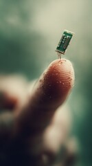Aufkleber - Semiconductor Chip Balanced on Fingertip Macro Shot of Microelectronics and Human Touch Future Technology Concept