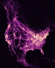 Leinwandbilder - North America at Night Showing Light Pollution and Urban Networks from Space in Purple and Gold Tones