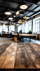 Poster - Rustic Wooden Tabletop in Modern Office Space Background Interior Design Mockup Perspective