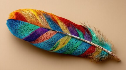 Aufkleber - Vibrant Feather Close-Up on Neutral Background, Studio Shot, Intricate Detail, Rainbow Colors, Artistic Composition, High Resolution