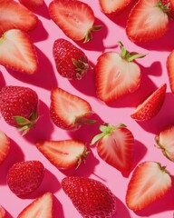 Aufkleber - Fresh strawberries halves and whole fruits flat lay on pink background overhead shot vibrant colors healthy food concept