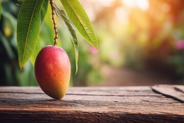 Poster - Close Up of a Ripe Mango Hanging From a Branch on a Wooden Tabletop in a Sunny Outdoor Setting Tropical Fruit Still Life