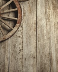 Poster - Rustic Wagon Wheel Detail on Weathered Wood Background Close Up Vintage Style Farmhouse Decor