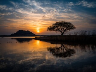 Poster - Golden Hour Serenity Silhouette of Tree and Hill Reflecting in Calm Lake at Sunset Landscape Nature Photography
