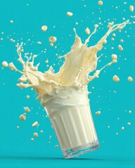 Fototapete - Milk Splashing from a Glass on Blue Background Studio Shot High Speed Photography Liquid Motion Dairy Product Drink