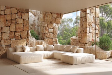 Leinwandbilder - Interior Design of Modern Living Room with Stone Walls and Large Windows Overlooking Nature