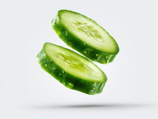Aufkleber - Two cucumber slices floating on white background studio shot fresh vegetable food photography close up view