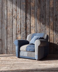 Leinwandbilder - Denim patchwork armchair with pillow against rustic wood wall in studio lighting, comfortable seating and design