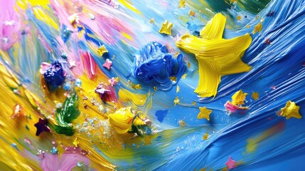 Poster - Blurry color blend of yellow and blue with scattered small stars, winter abstract
