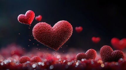 Poster - Cute red hearts softly glowing in bokeh style over a deep black background