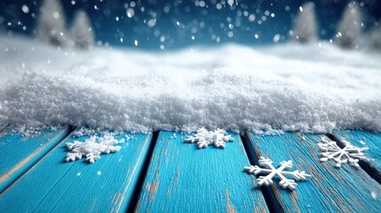 Sticker - Close-up of delicate snowflakes scattered on a rustic wooden table with a smooth blue background.