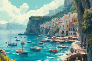 cinematic photograph of capri, italy, with boats in the water and buildings on cliffs above, during 