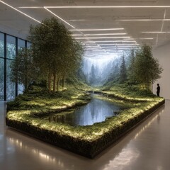 Aufkleber - A Breathtaking Indoor Forest Installation Bathed in Artificial Light, Creating a Surreal and Captivating Art Experience