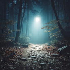 Poster - Mysterious Forest Path Illuminated by Moonlight, Leading into the Unknown, Beckoning with Eerie Beauty