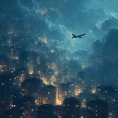 Poster - Night Flight over a Cityscape: An airplane soars above a densely populated, softly illuminated urban environment under a starlit sky.
