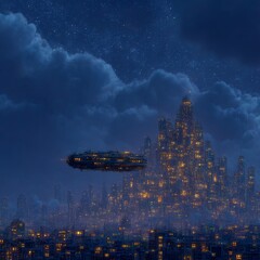 Poster - Starry Night Over Neo-City: A Futuristic Landscape with a Cruiser in the Sky Above an Urban Metropolis