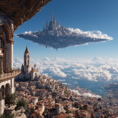 Poster - Spectacular View of Twin Cities: One nestled in clouds and one grounded, a breathtaking vista of fantasy architecture.