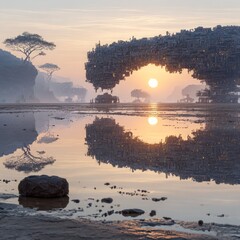 Poster - Sunset Reflections: A Cyberpunk Metropolis Reflected on a Misty Shoreline.