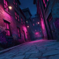 Poster - Urban Neon Nocturne: A Night Alley Bathed in Pink, Illuminated by Street Lamps and Dappled with Shadows.