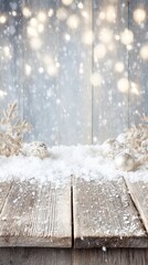 Sticker - Snowflakes gently falling on rustic wooden boards against a vibrant blue winter background.